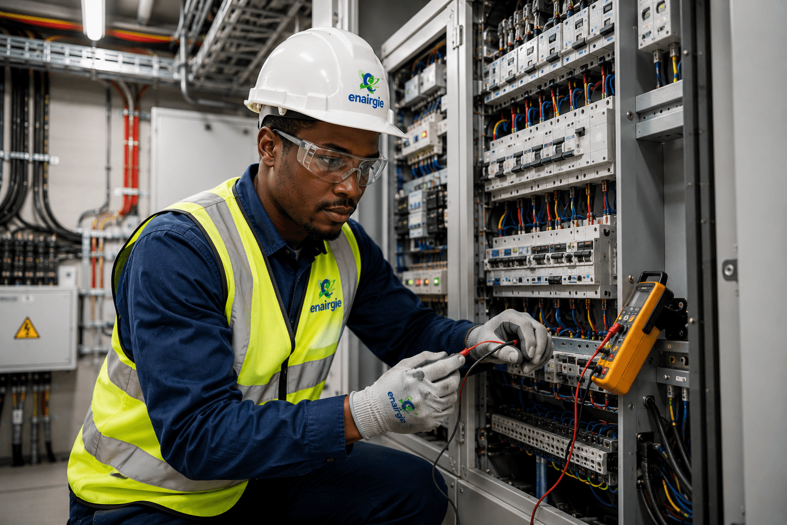 Ingénieur en génie électrique analysant un TGBT ou des plans